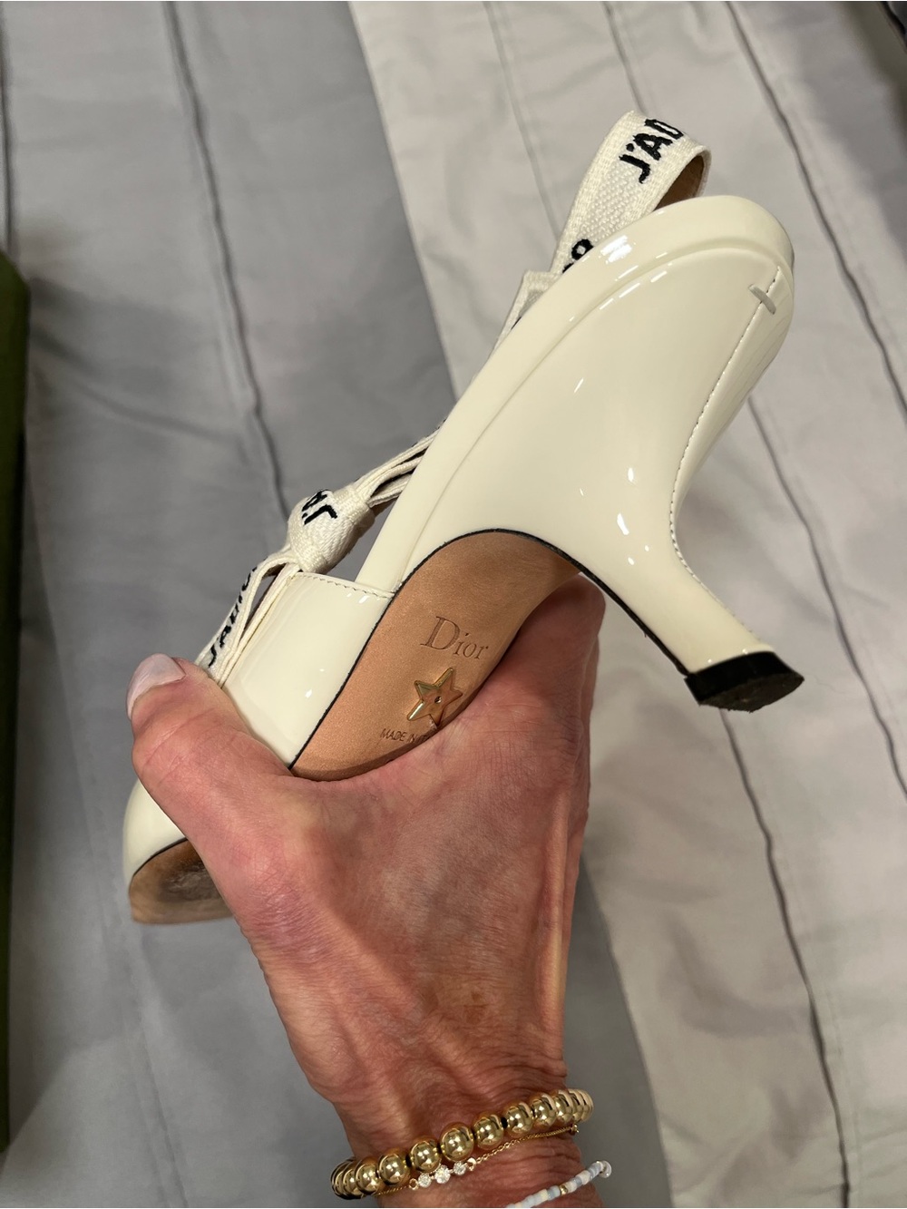 Dior Cream Patent Pointed Slingback Heels with J'Adior Ribbon - Picture 10 of 15